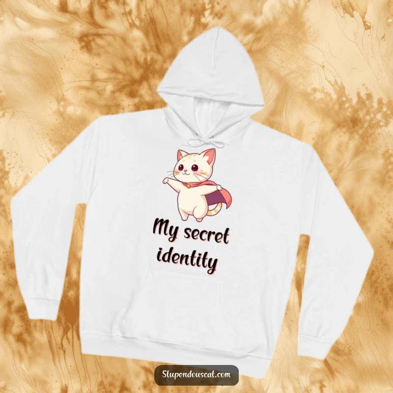 Funny Hoodie: A cat with a dramatic cape swooping from a high point, radiating heroic presence and cozy warmth.