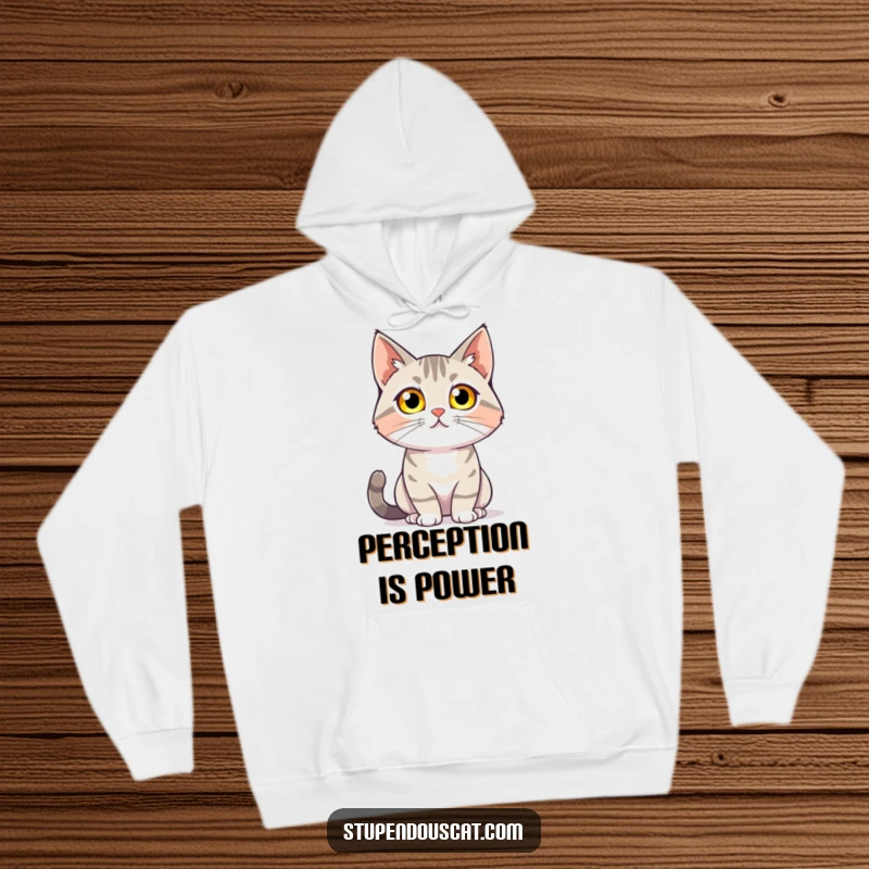 Funny hoodie with a cat with glowing eyes confidently surveying its surroundings, offering cozy mystery and humorous confidence, a perfect gift.