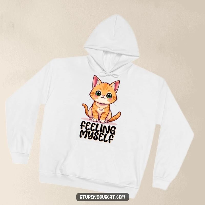 Funny orange tabby cat hoodie, posing regally and proudly, offering cozy warmth with a touch of feline majesty.
