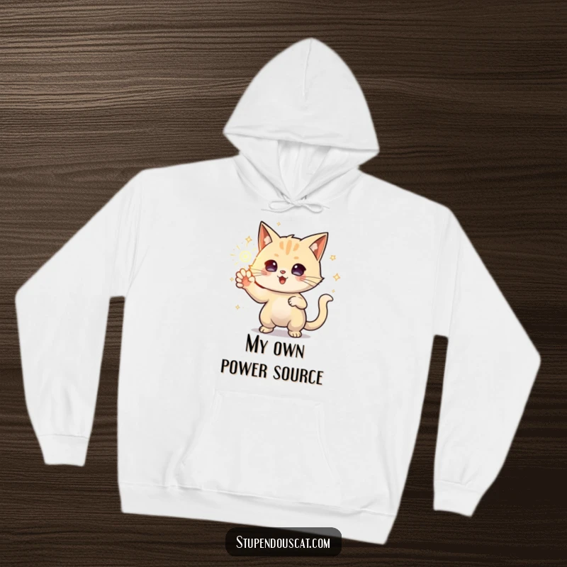 Funny Hoodie featuring a powerful cat conjuring a sparkling orb of energy, offering warmth and a touch of magical might.