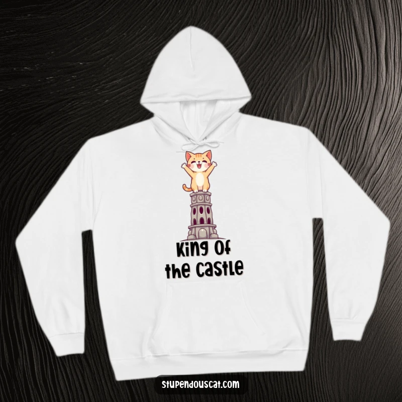 Funny Triumphant Cat Hoodie: A cozy hoodie with a cat standing triumphantly atop a daunting, impossible structure.