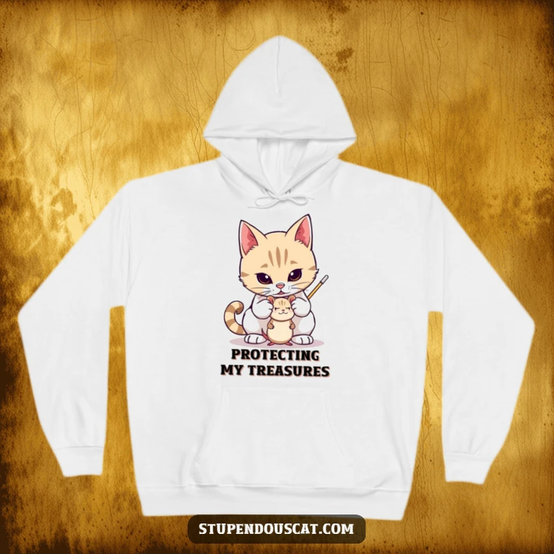 Funny hoodie with a valiant cat protectively watching over a small toy mouse, offering cozy warmth and a sense of security, a funny gift.