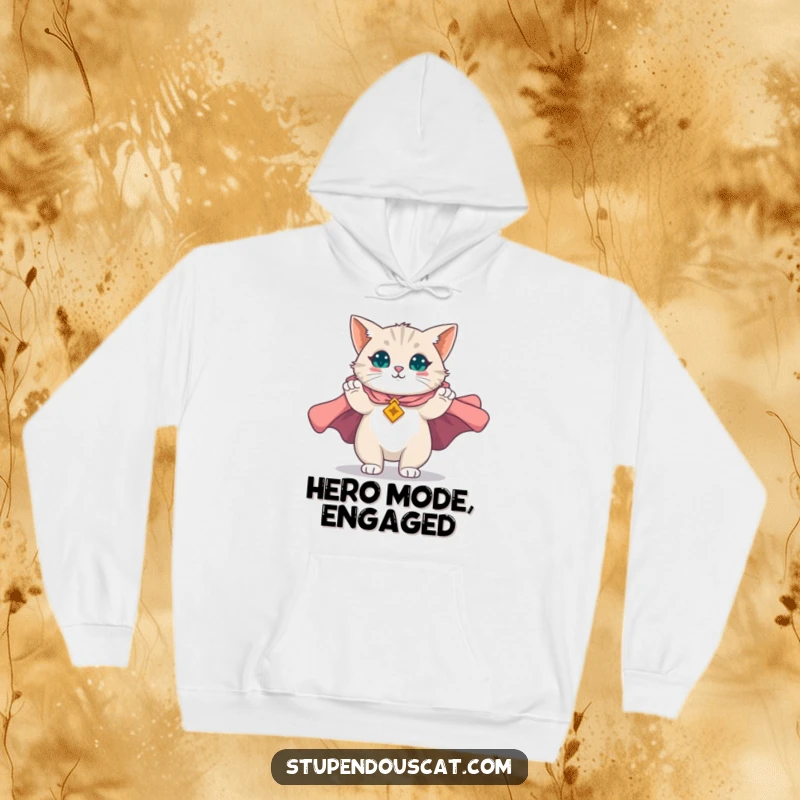 Funny hoodie with a magnificent cat dramatically unfurling a majestic cape, exuding power and warmth, a wonderfully funny gift.