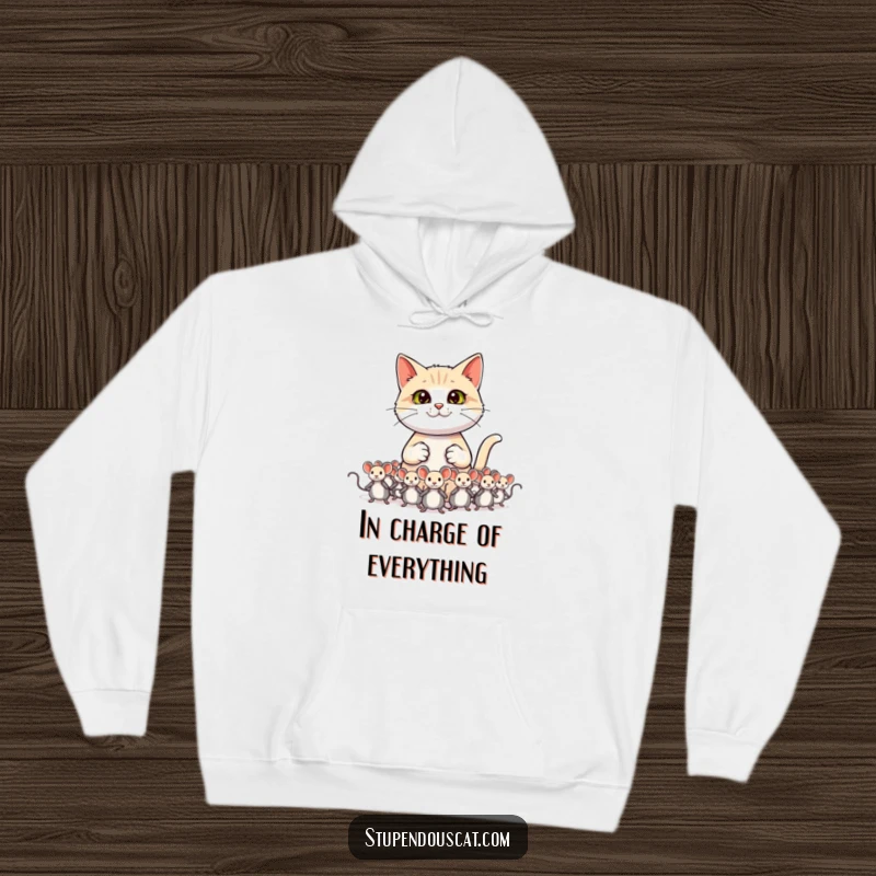 Funny cat hoodie depicting a confident cat commanding a vast army of toy mice.