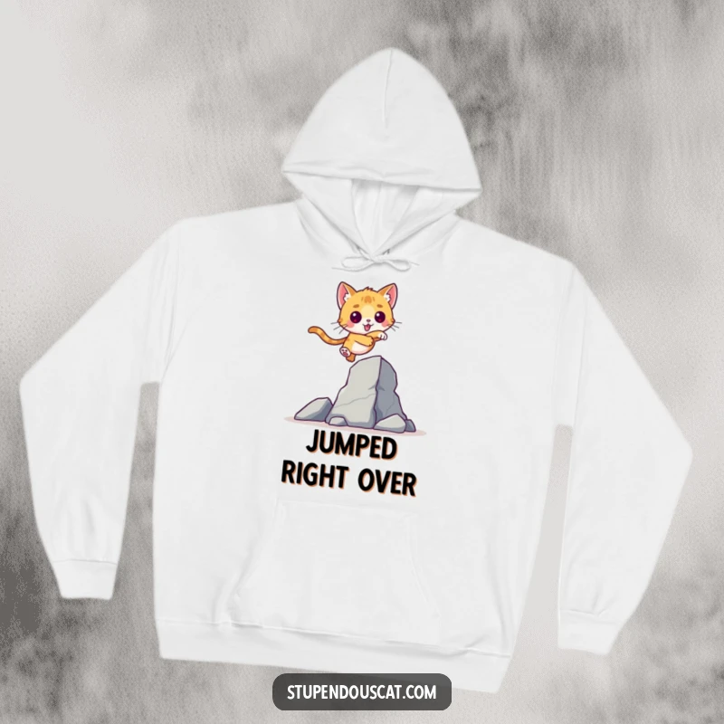 Valiant Cat Cub Leap Hoodie: A warm hoodie featuring a brave cat cub leaping over a tall obstacle, perfect for cozy inspiration.