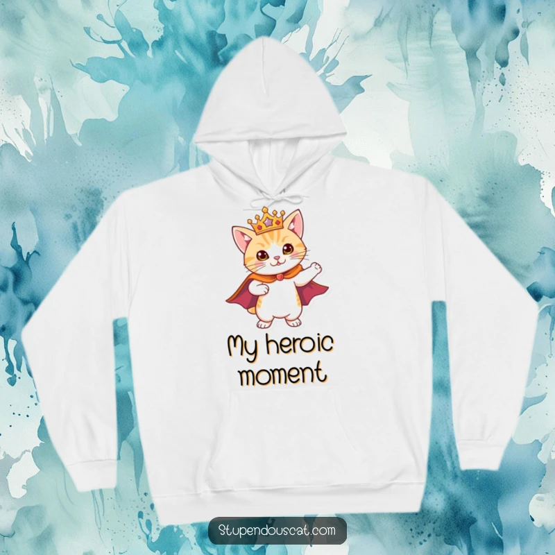Funny Hoodie print of a majestic cat wearing a cape and crown, striking a heroic pose, symbolizing power and comfort.