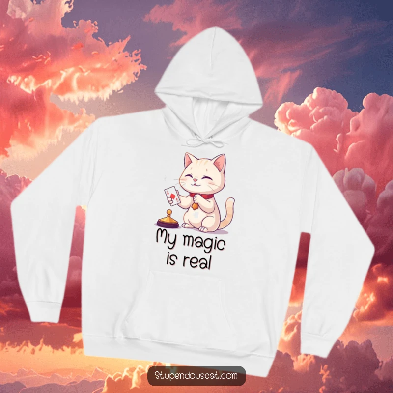 Funny cat magician hoodie, a clever feline making a playing card materialise, radiating a sense of playful mystery and charm.