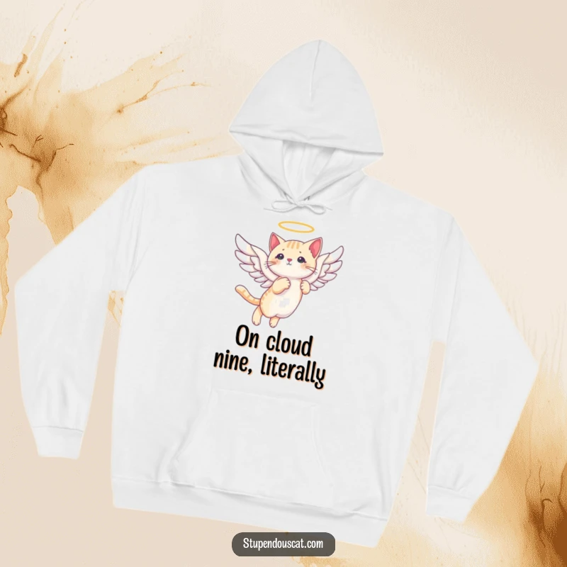 Funny angelic cat wings hoodie featuring a graceful cat with feathered wings soaring serenely through the heavens.