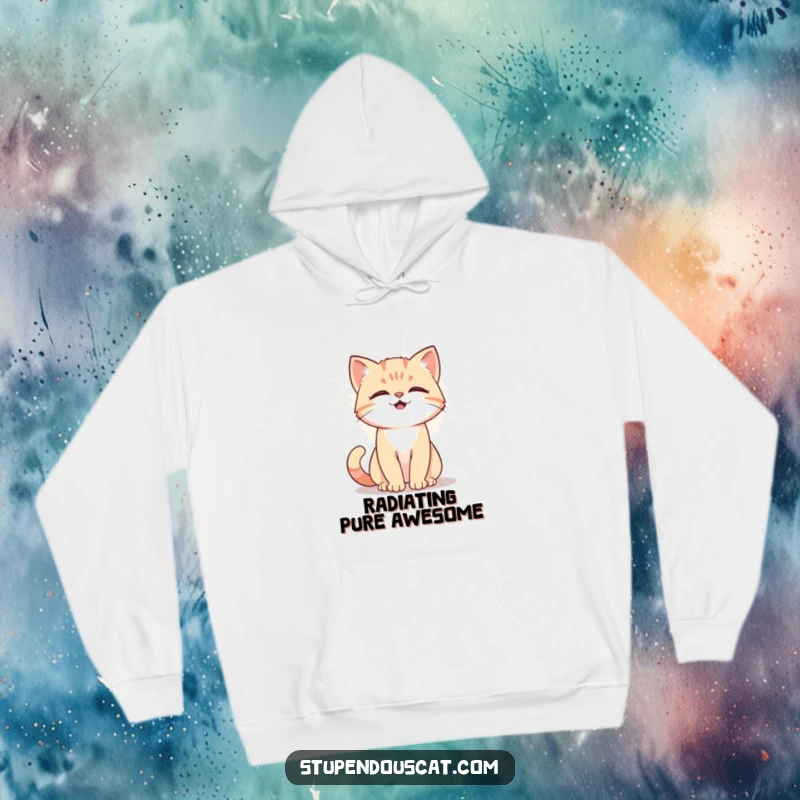 Funny Hoodie with a powerful cat cub emitting a radiant aura, offering cozy warmth and a humorous sense of majestic power.