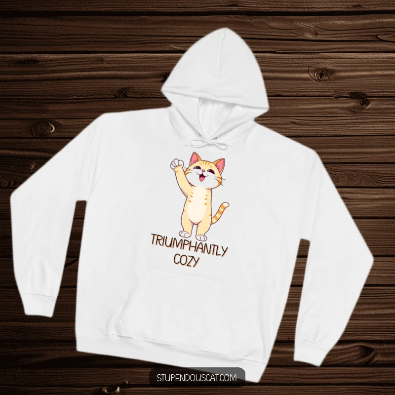Funny Cat Hoodie featuring an admirable cat standing tall with an outstretched paw of triumph, offering cozy victory vibes.