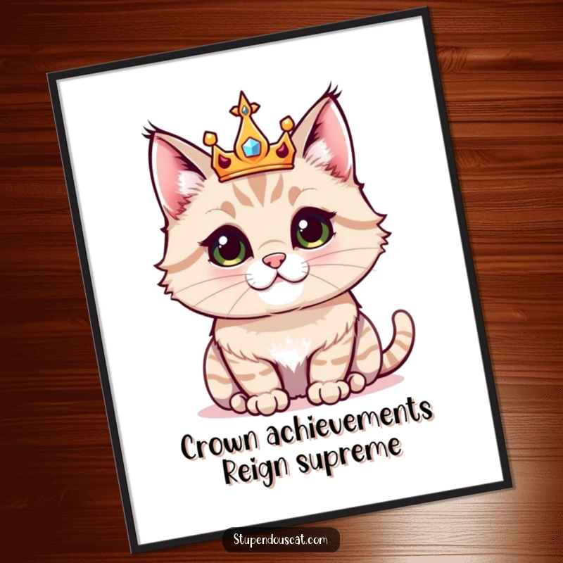 Funny Free Printable Wall Art: Majestic cat donning a small, sparkling crown, posing with dignified, humorous royalty.