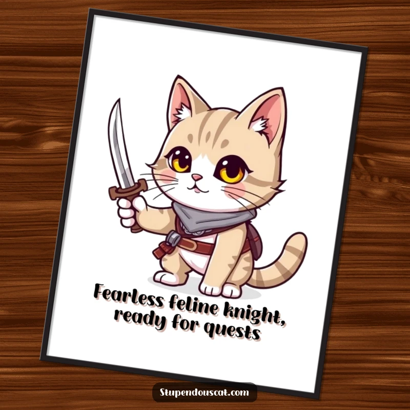 Funny free printable wall art of an adventurous cat brandishing a tiny sword, epic downloadable art.