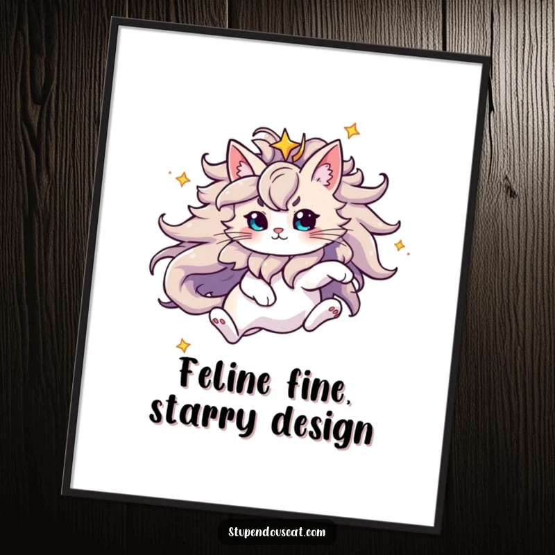 Funny Free Printable Wall Art: Majestic cat with a flowing starry mane leaping dynamically against a cosmic background.
