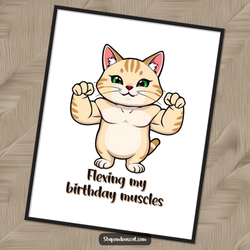 Funny Free Printable Wall Art: A cat with rippling muscles flexing its arms with immense pride and power.