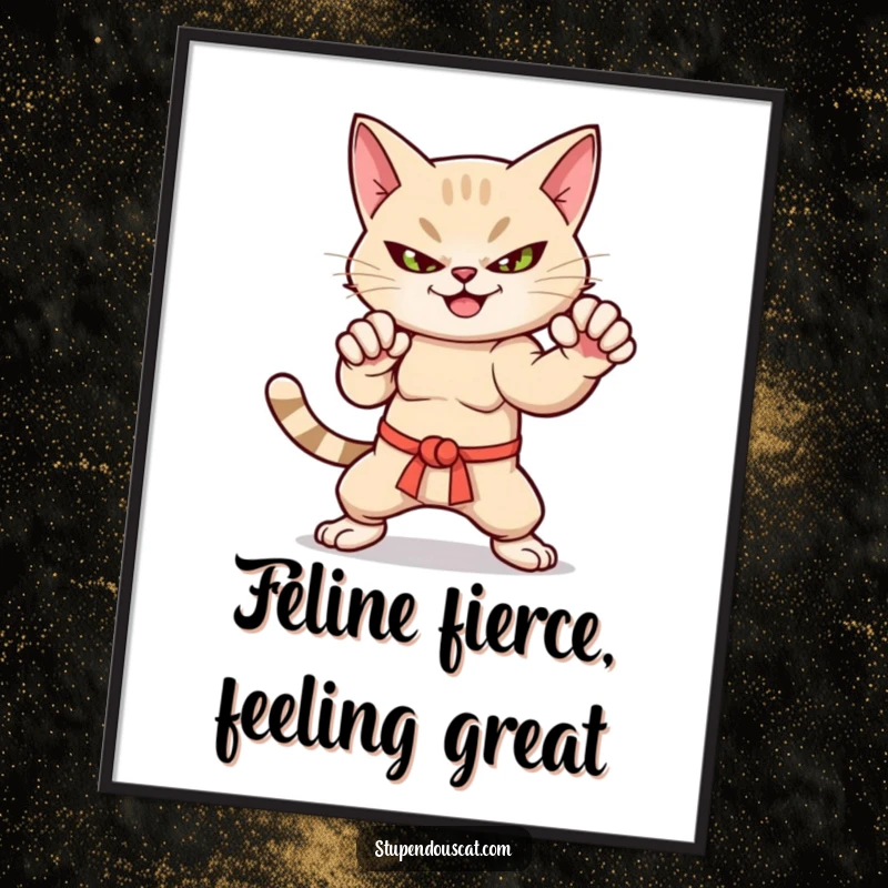 Funny free printable wall art of a cat in a dynamic martial arts stance, featuring a cool smirk.