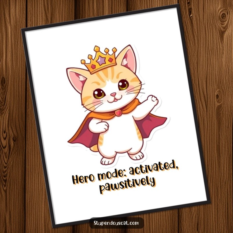 Funny Free Printable Wall Art: A cat wearing a flowing cape and a shiny crown, striking a powerful, heroic pose.