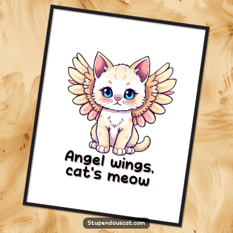 Funny Free Printable Wall Art: Majestic cat cub with wings spread wide, exuding grace and divine beauty for your walls.