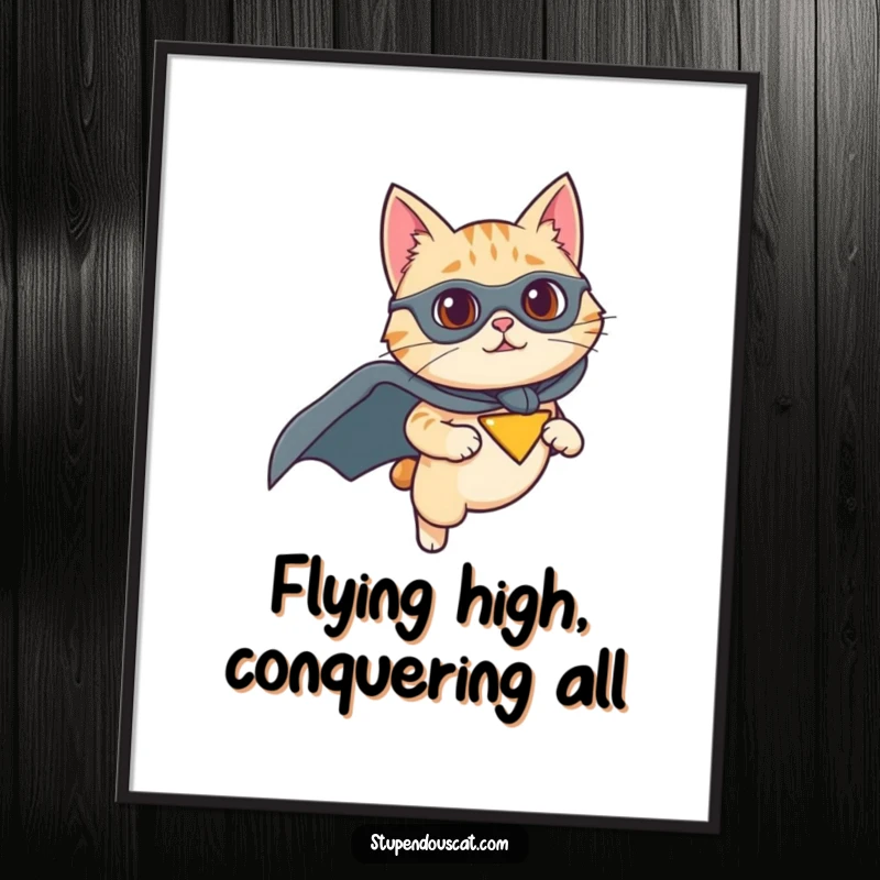 Funny Free Printable Wall Art: A determined cat in a superhero cape soaring through the air with purpose.