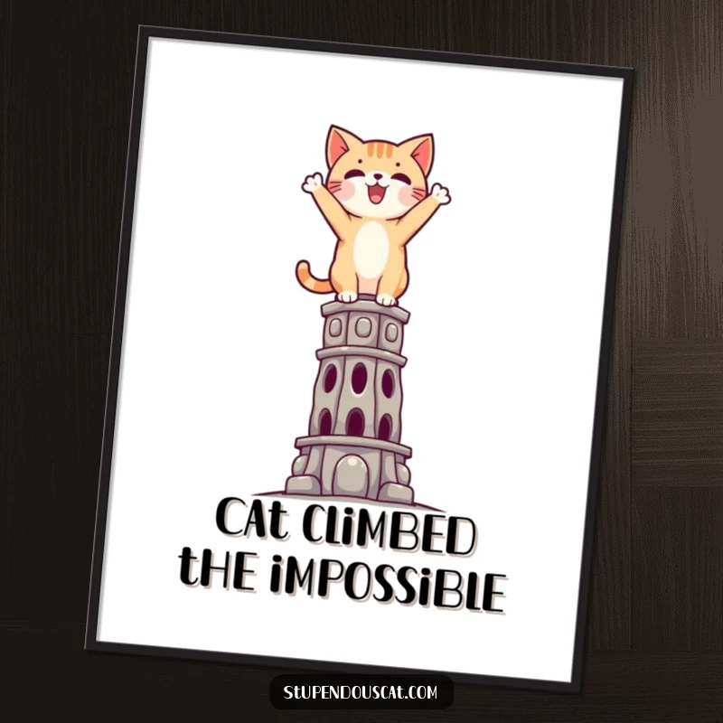 Funny Free Printable Wall Art: Cat standing triumphantly atop a tall, impossible structure, looking victorious. Downloadable humorous cat art.