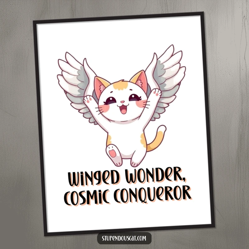 Funny Free Printable Wall Art: Triumphant cat with large wings unfurled, soaring high against a blue sky.