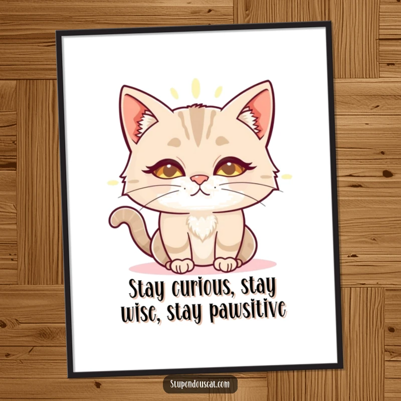 Funny Free Printable Wall Art: A wise cat surrounded by a gentle, glowing aura, imparting calm knowledge.