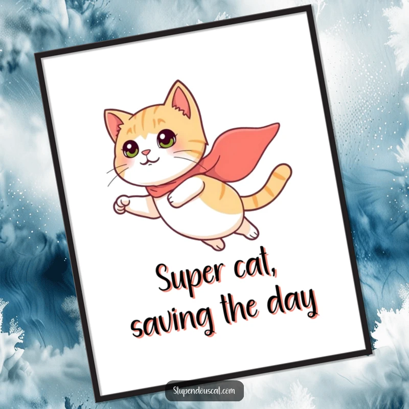 Funny Free Printable Wall Art: A cat with a small red cape gracefully soars through the sky, embodying a feline superhero, download for your walls.