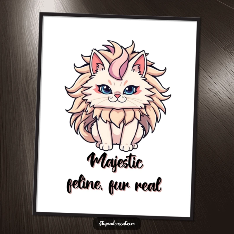 Funny Free Printable Wall Art: Majestic cat with an epic, flowing mane, exuding an aura of pure power.