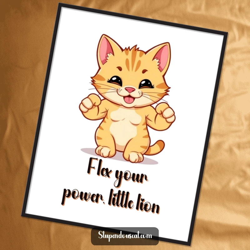 Funny Free Printable Wall Art: A small, determined cat cub proudly flexing its tiny muscles with a confident grin.