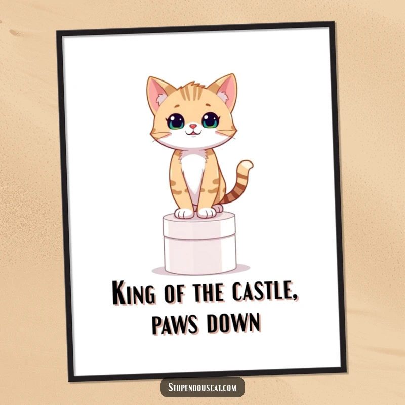 Funny Free Printable Wall Art: A small cat cub stands confidently atop a pedestal, exuding pride and humor.