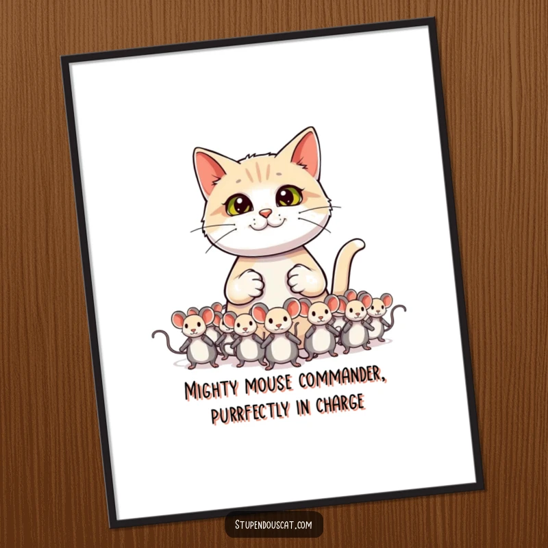 Funny free printable wall art of a confident cat commanding a toy mouse army, humorous downloadable art.