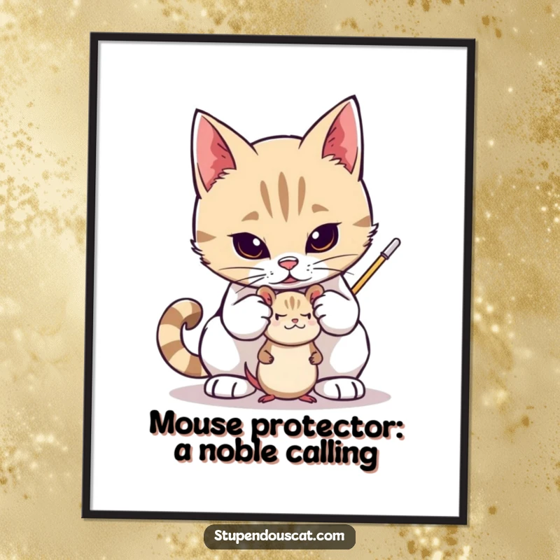 Funny Free Printable Wall Art: A valiant cat stands guard over a small toy mouse, looking fiercely protective. Adorable downloadable art.
