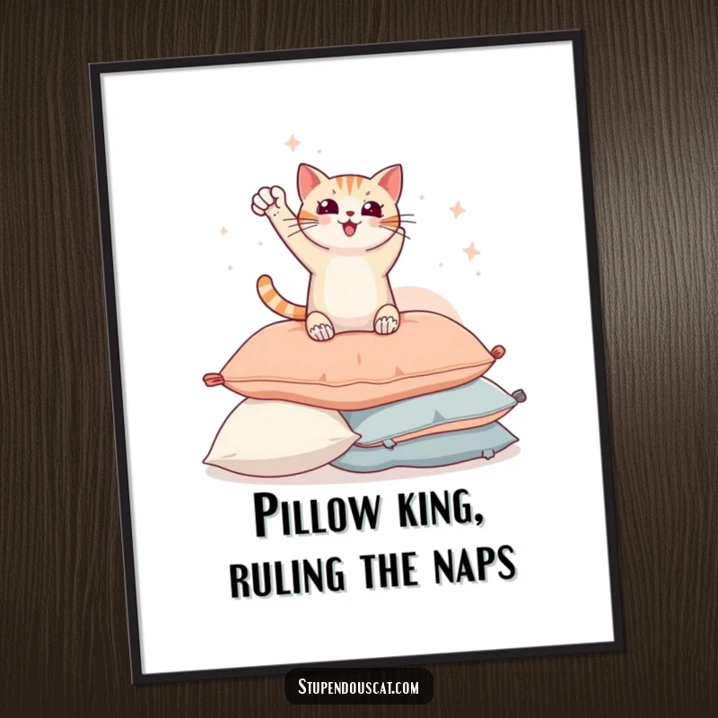 Funny Free Printable wall art of a triumphant cat striking a heroic pose atop a cozy pile of pillows. Majestic downloadable art.