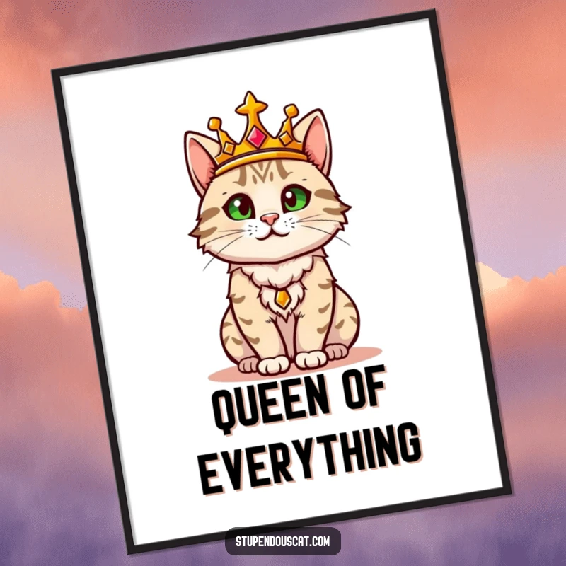 Funny Free Printable Wall Art: A confident cat wearing a golden crown, surveying its majestic, stylish domain.