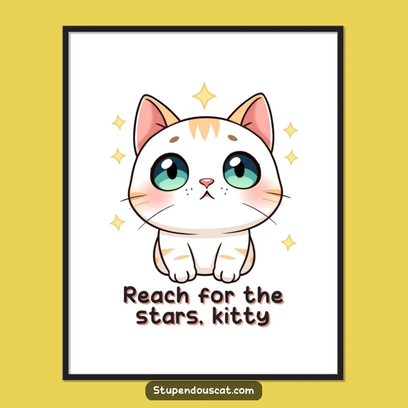Free Printable Wall Art: Wide-Eyed Cat Gazing at Stars! Whimsical Downloadable Decor.