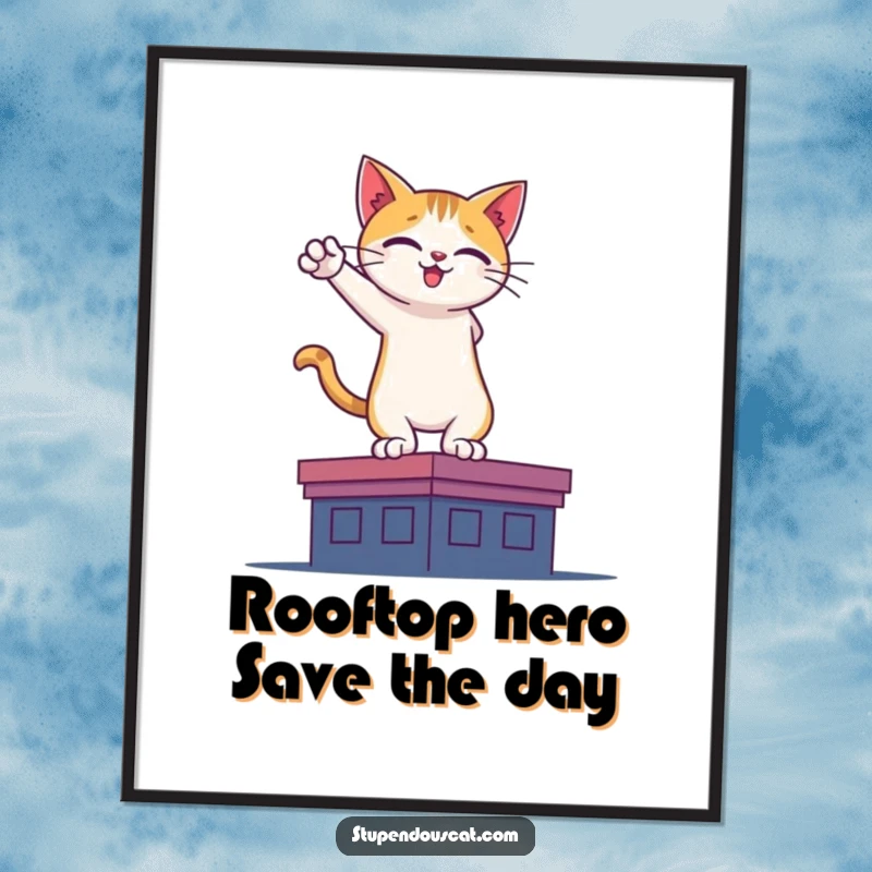 Funny Free Printable Wall Art: Cat striking a heroic pose on a rooftop silhouette, a funny, watchful feline protector.