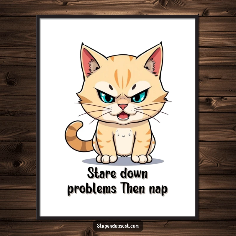 Funny Free Printable Wall Art: A stupendous cat showing unwavering resolve while fearlessly facing an immense challenge.