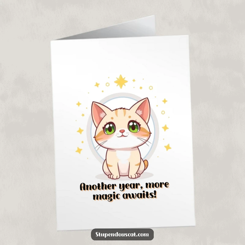 Funny free printable birthday card of a cat with wide eyes watching a magical portal, a hilarious DIY gift.