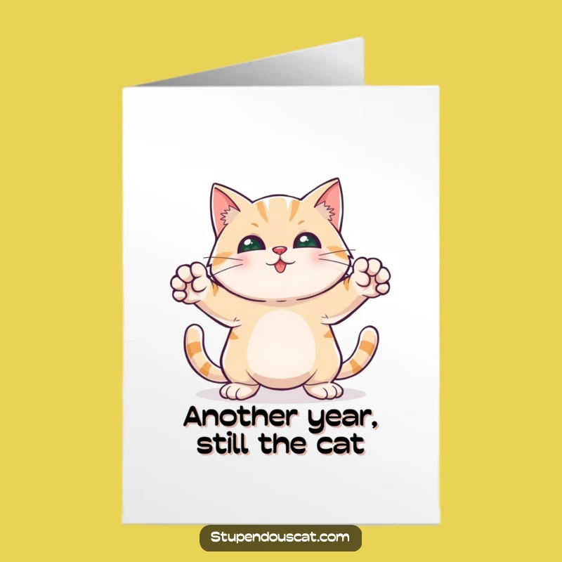 Free Printable Birthday Card: Heroic Cat pose, perfect funny downloadable gift!
