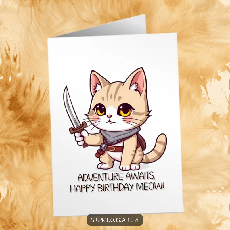 Funny free printable birthday card of an adventurous cat brandishing a tiny sword, a hilarious DIY gift.