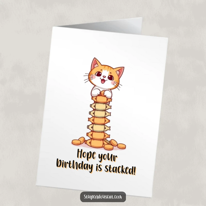 Funny Free Printable Birthday Card: A cat carefully balances a very tall tower of fish treats, wishing a happy birthday, download and print.