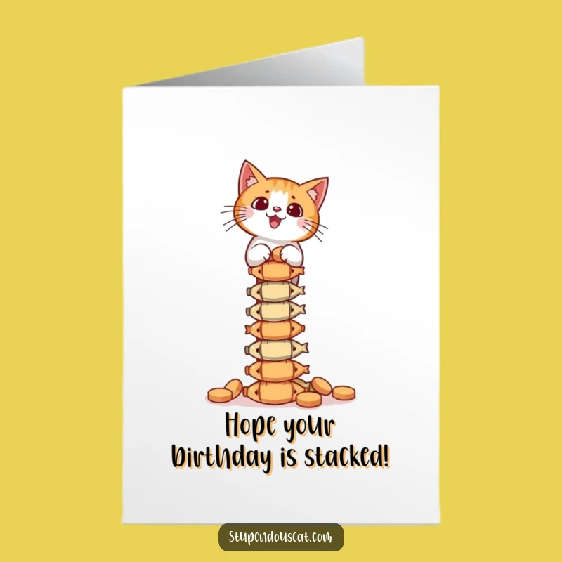 Free Printable Birthday Card: Cat Fish Tower Funny Downloadable Gift