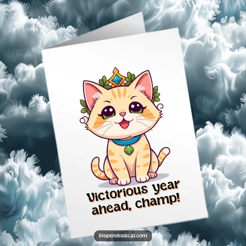 Funny Free Printable Birthday Card: Triumphant cat wearing a laurel wreath, celebrating a big win with joyful pride.