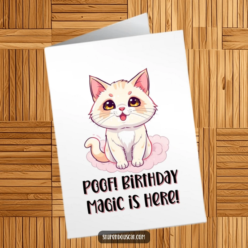 Funny Free Printable Birthday Card: A dazzling cat magically appears from a puff of smoke. Illusionist downloadable greeting.