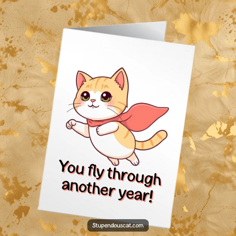 Funny Free Printable Birthday Card: A cat wearing a tiny cape soars through the air like a superhero, wishing a happy birthday, print now.