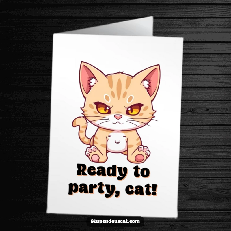 Funny Free Printable Birthday Card: A formidable cat cub poised and ready for action, celebrating a birthday with fierce energy.