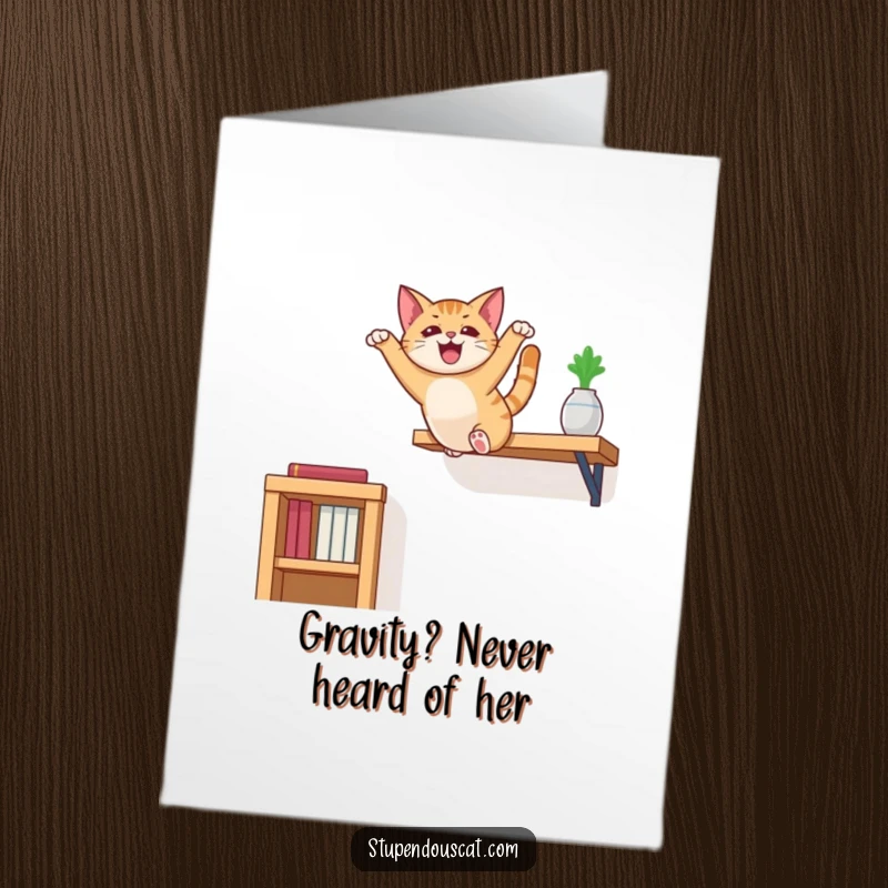 Funny Free Printable Birthday Card: Agile cat mid-air leap from high shelf, celebrating with flair.