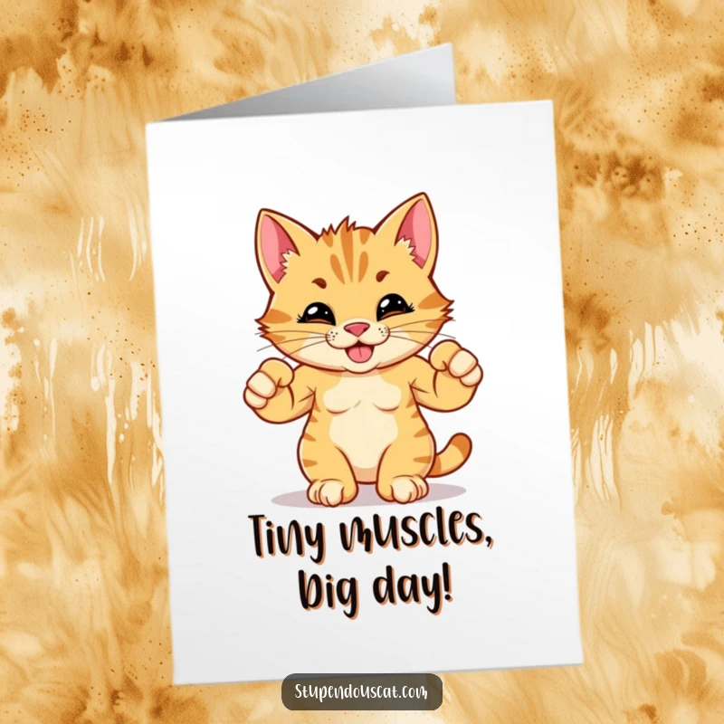 Funny Free Printable Birthday Card: Tiny cat cub flexing strong muscles with a huge grin, ready to celebrate.
