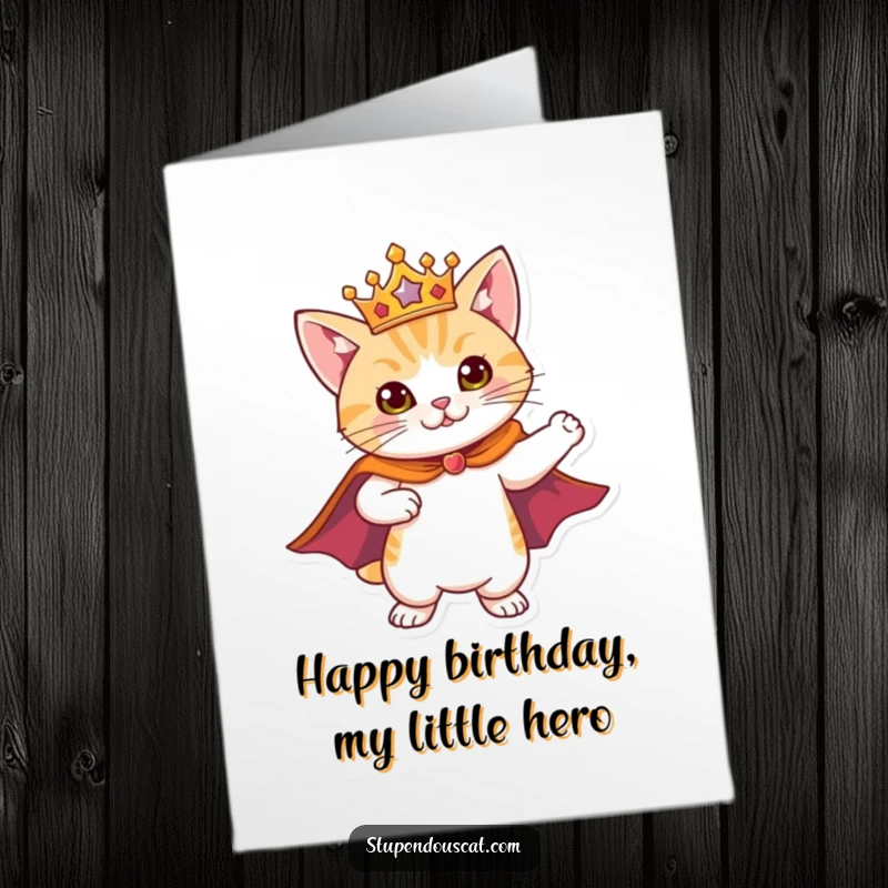 Funny Free Printable Birthday Card: A cat wearing a red cape and golden crown, striking a confident, heroic pose.
