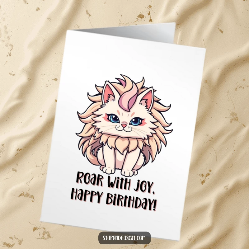 Funny Free Printable Birthday Card: A cat with an epic, flowing mane exudes power and regal confidence.