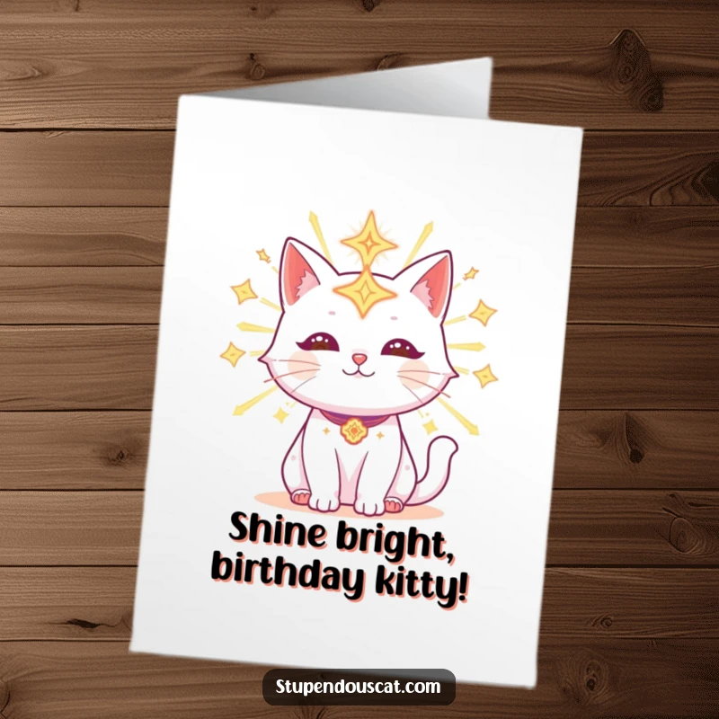 Funny Free Printable Birthday Card: Radiant cat with glowing celestial symbols, radiating birthday magic.